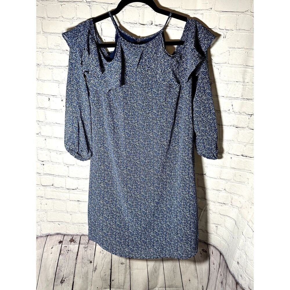 Michael Michael Kors Blue Floral Cold Shoulder Ruffle Shift Dress Womens Size S